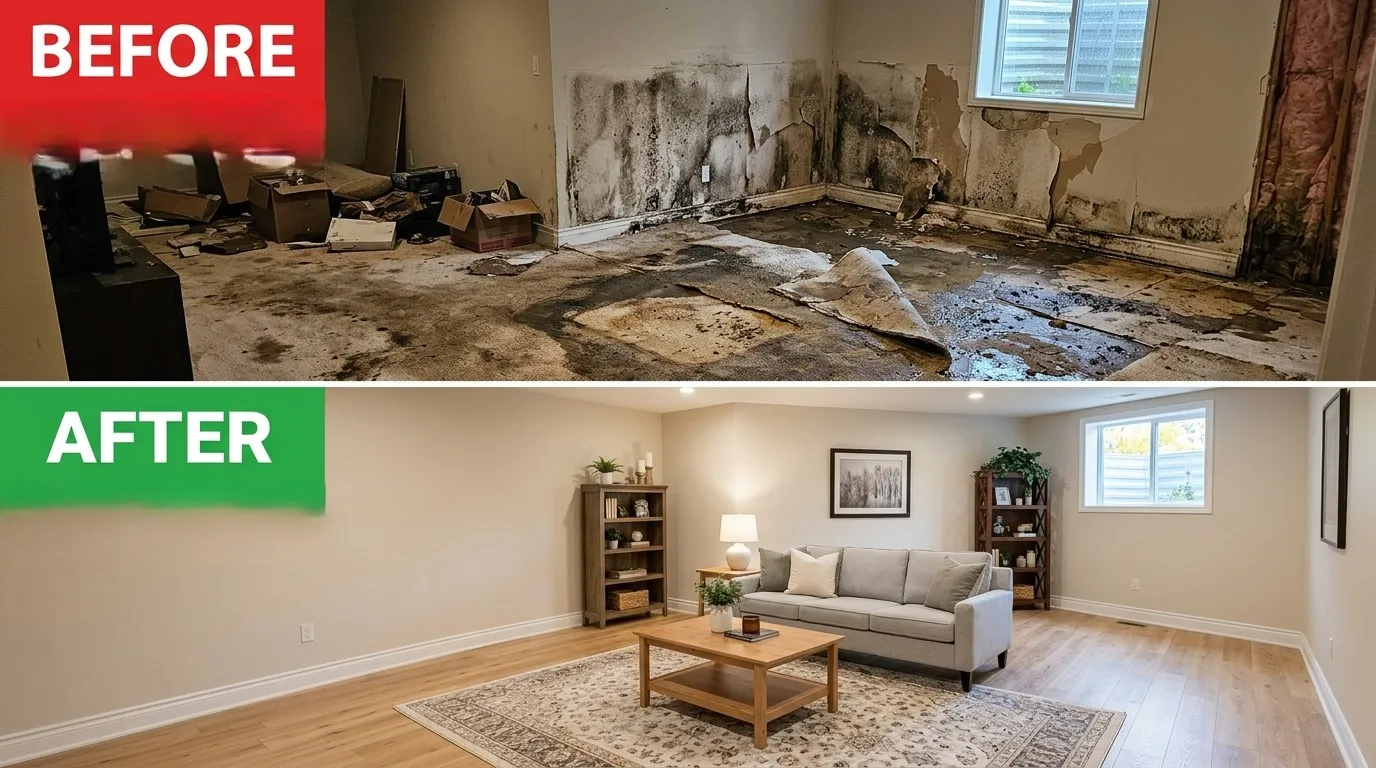 Before and After Basement Water Damage Restoration by Keep Wich Plumbing in Wichita KS - showing flooded basement transformed to dry restored space