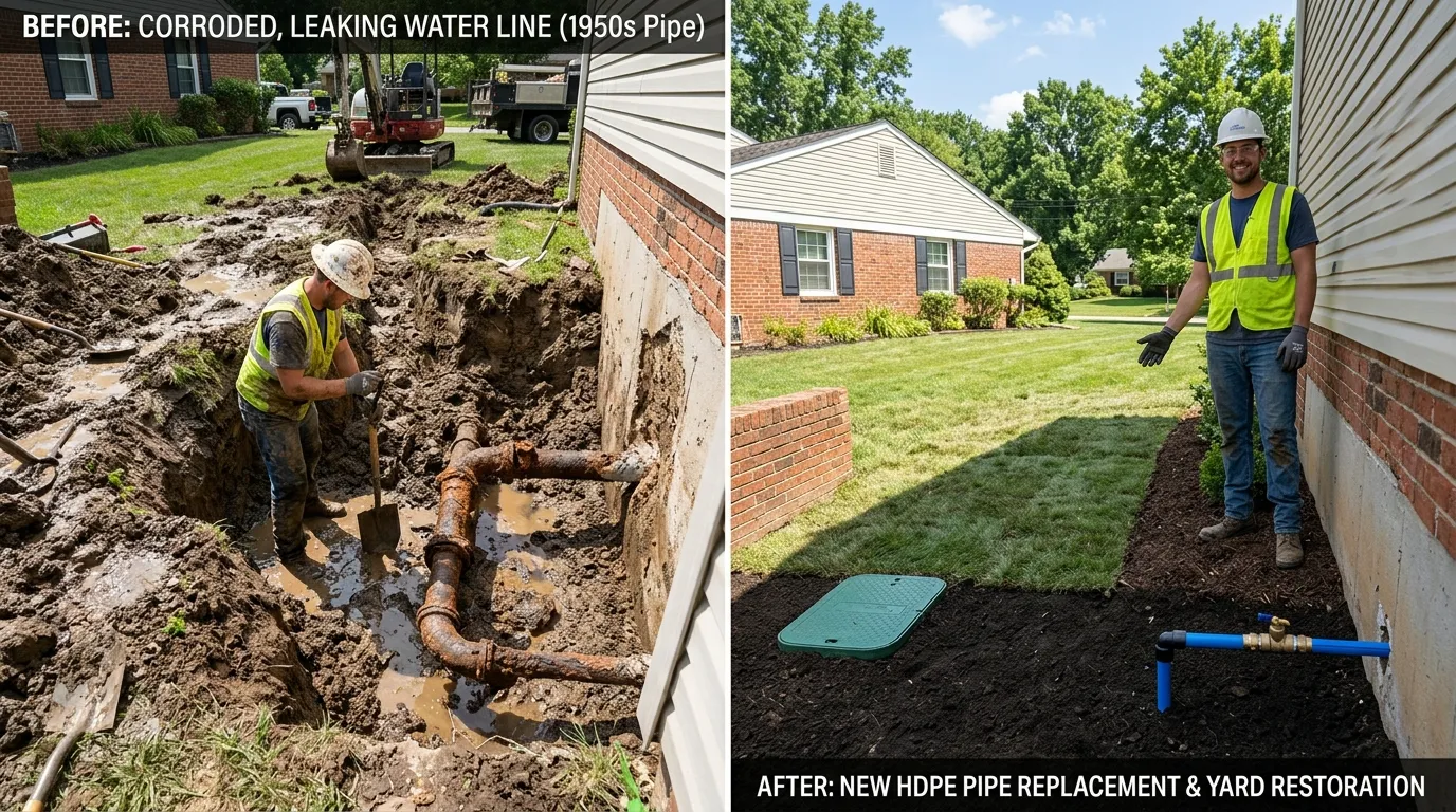 Before and After Main Water Line Replacement with Yard Restoration by Keep Wich Plumbing in Wichita KS