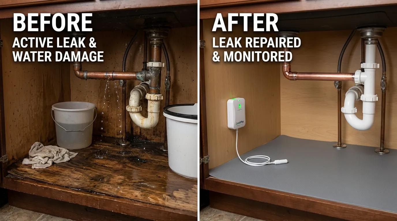 Before and After Under Sink Leak Repair with Smart Leak Monitoring - Keep Wich Plumbing Wichita KS