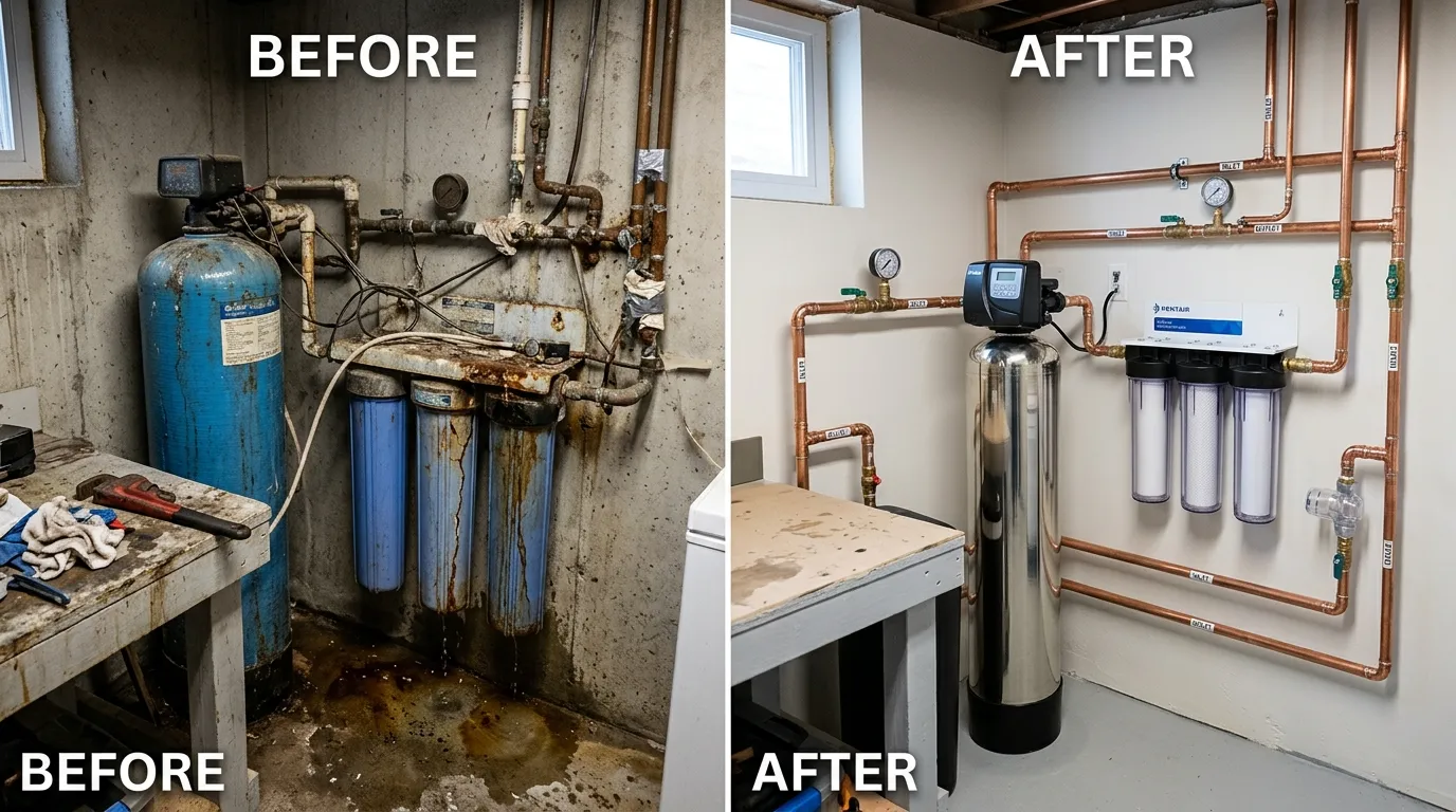 Before and After Water Treatment System Renovation by Keep Wich Plumbing in Wichita KS showing transformation from cloudy hard water to clean filtered water