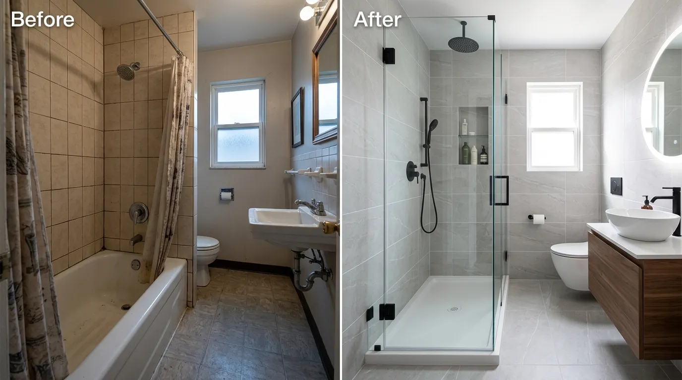 Full Bathroom Remodel Tub-to-Shower Conversion Before and After by Keep Wich Plumbing in Wichita KS