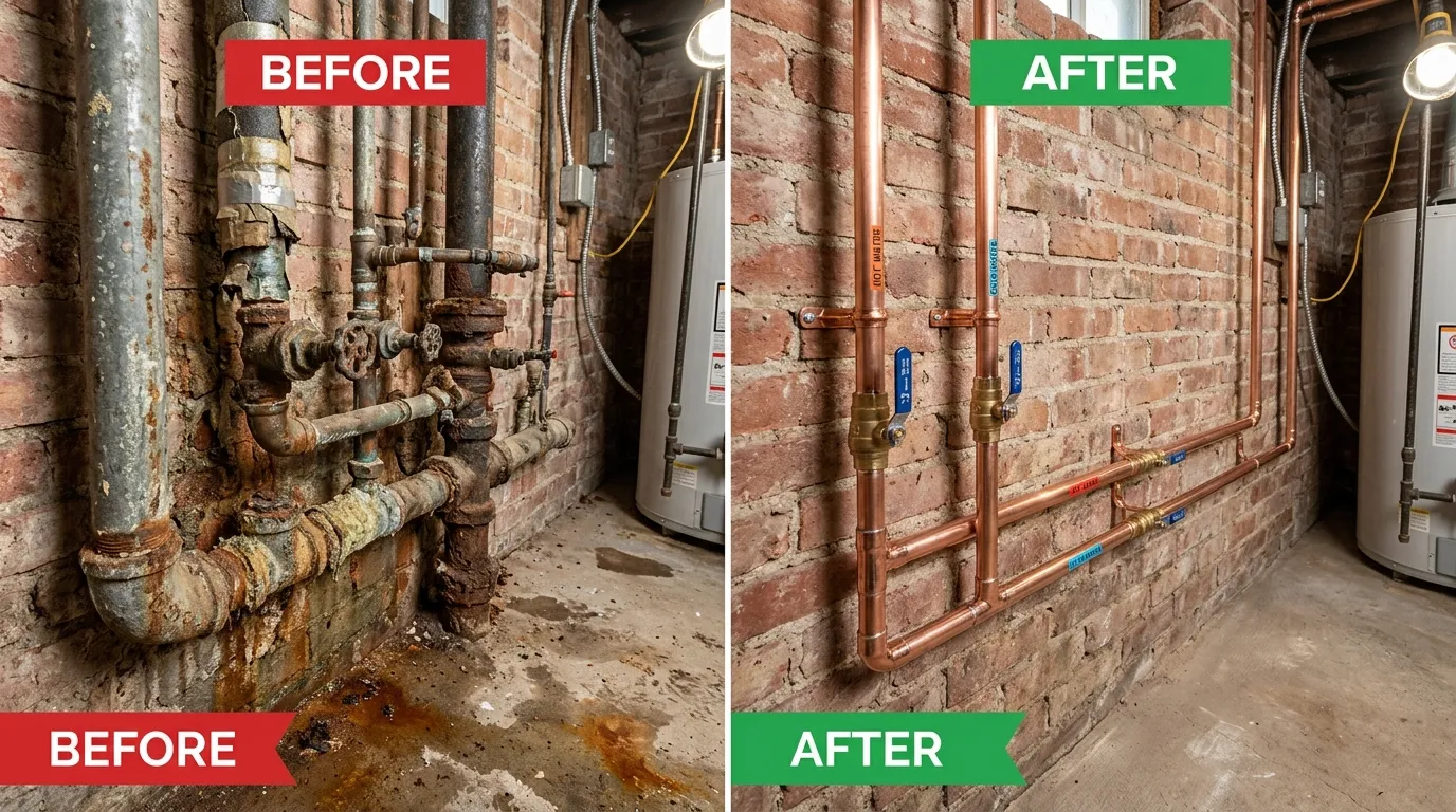 Before and After Pipe Replacement and Repiping by Keep Wich Plumbing in Wichita KS - showing corroded old pipes replaced with modern clean piping
