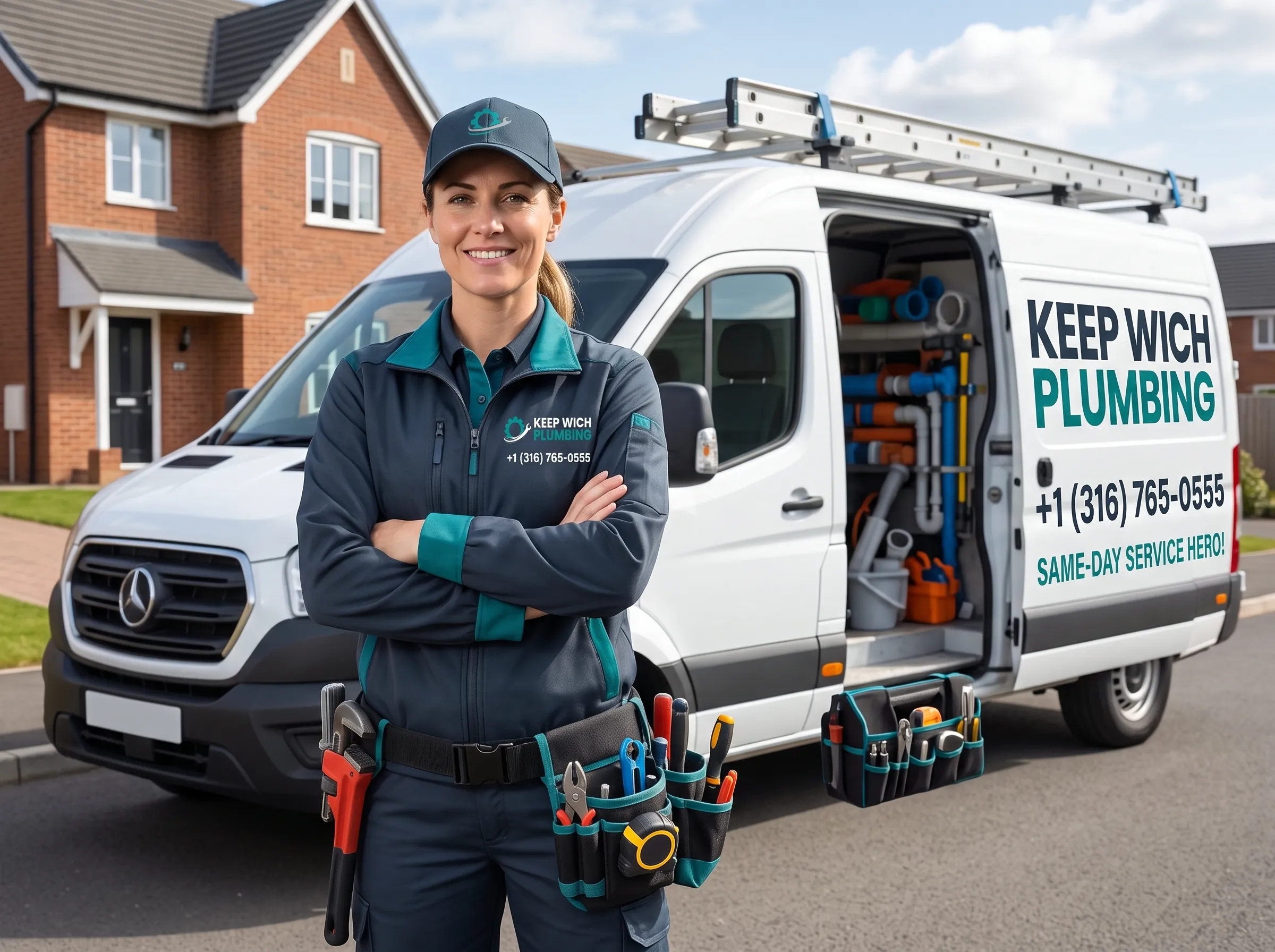 Professional Female Plumber with Service Van — Keep Wich Plumbing Wichita KS
