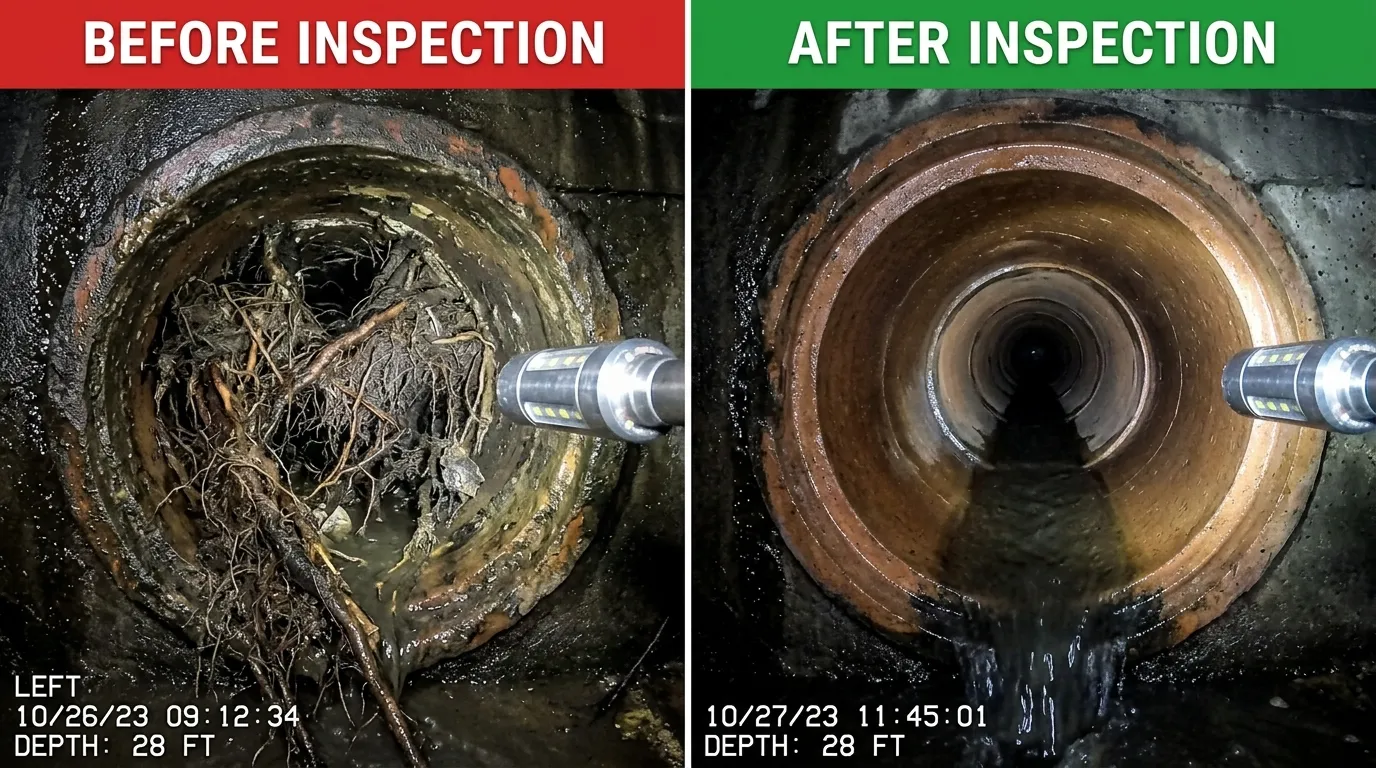 Sewer Camera Inspection Before and After Root Removal - Keep Wich Plumbing Wichita KS