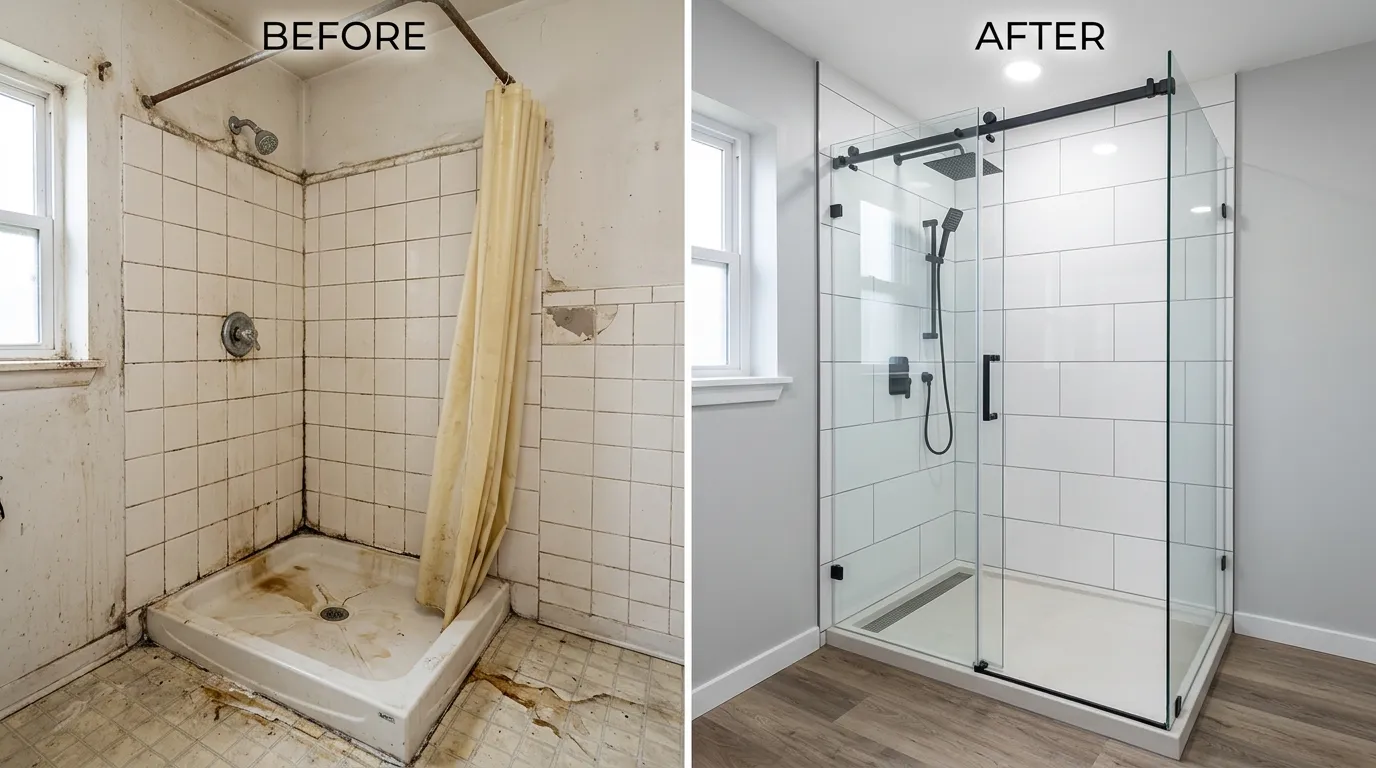 Shower Renovation and Installation Before and After by Keep Wich Plumbing in Wichita KS