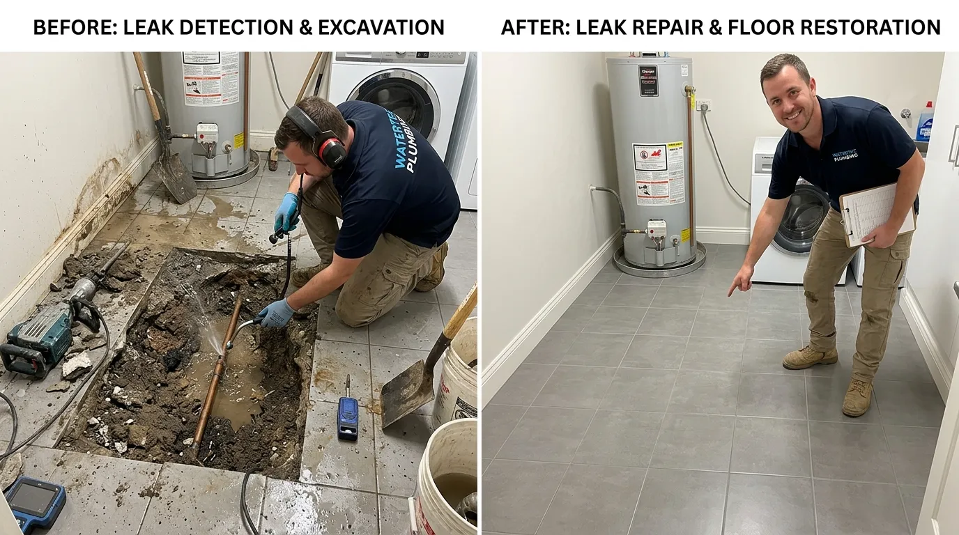 Slab Leak Detection and Repair Before and After - Floor Restoration by Keep Wich Plumbing in Wichita KS