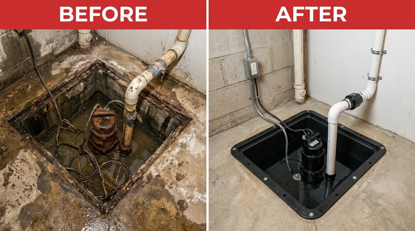Sump Pump Replacement Installation Before and After - Keep Wich Plumbing Wichita KS