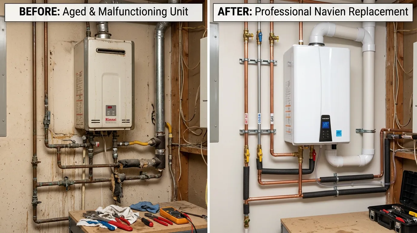 Tankless Water Heater Replacement Before and After - Rinnai to Navien - Keep Wich Plumbing Wichita KS